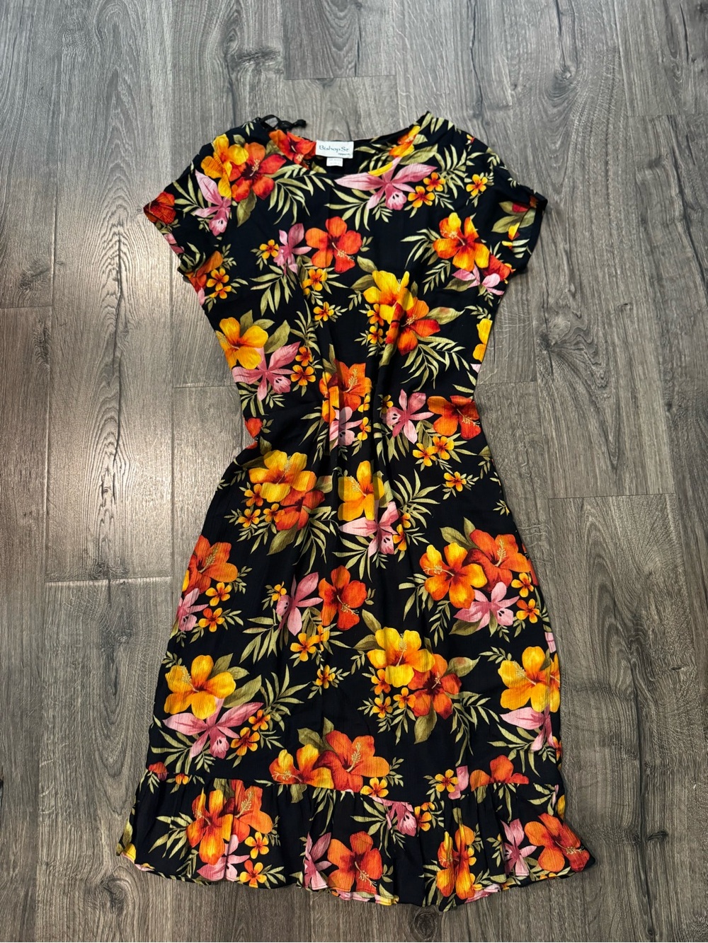 Bishop St apparel Floral midi Dress Black with Orange yellow and Pink Blossoms L